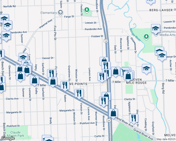 map of restaurants, bars, coffee shops, grocery stores, and more near 19225 Lenore Avenue in Detroit