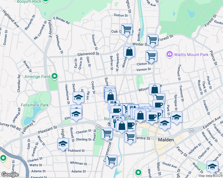 map of restaurants, bars, coffee shops, grocery stores, and more near 103 Summer Street in Malden