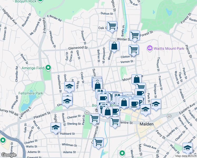 map of restaurants, bars, coffee shops, grocery stores, and more near 105 Summer Street in Malden