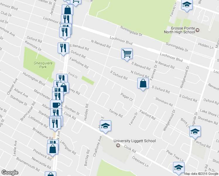 map of restaurants, bars, coffee shops, grocery stores, and more near 20057 Berns Court in Grosse Pointe Woods