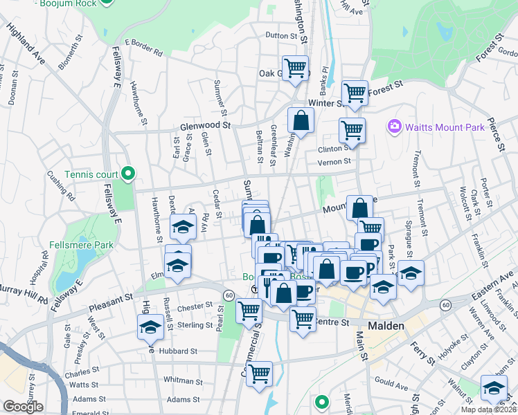 map of restaurants, bars, coffee shops, grocery stores, and more near 105 Summer Street in Malden
