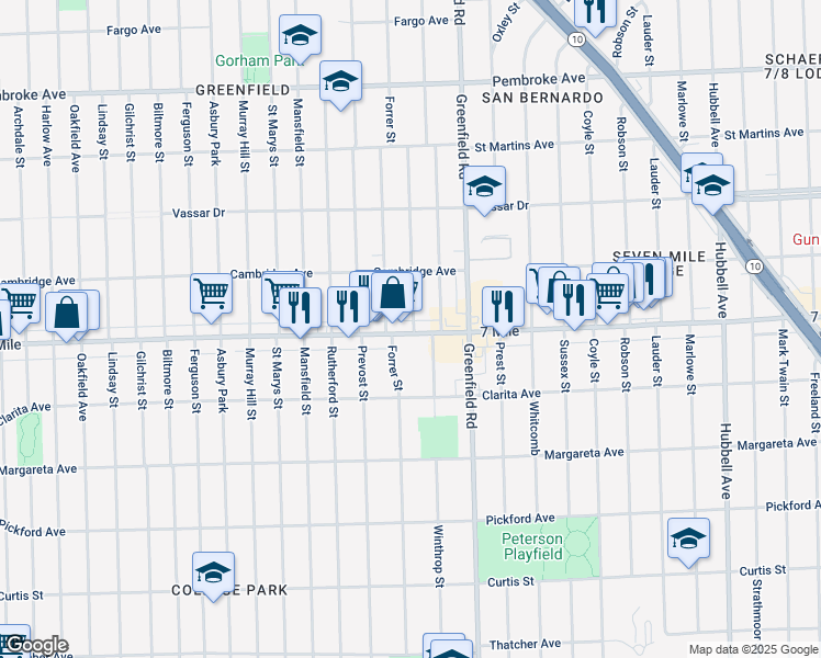 map of restaurants, bars, coffee shops, grocery stores, and more near 15716 West Seven Mile Road in Detroit