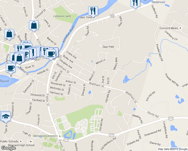 map of restaurants, bars, coffee shops, grocery stores, and more near 13 Wood Lane in Maynard