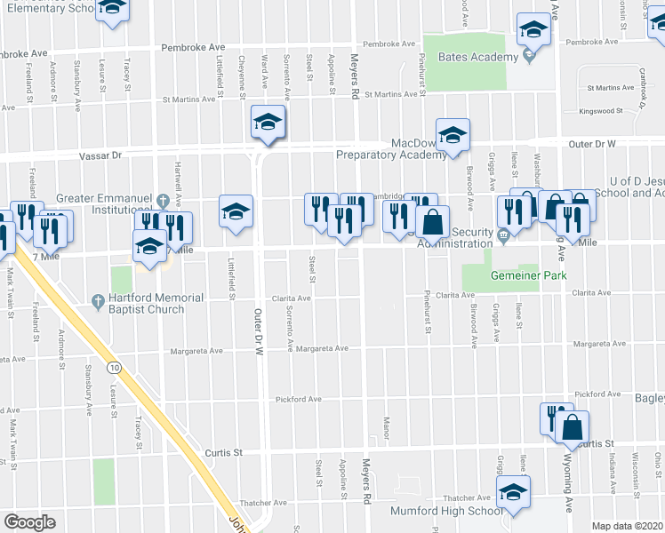 map of restaurants, bars, coffee shops, grocery stores, and more near 18975 Appoline Avenue in Detroit