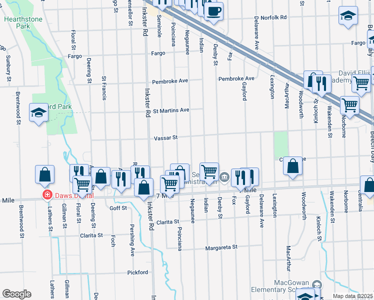 map of restaurants, bars, coffee shops, grocery stores, and more near 19355 Negaunee in Redford Charter Township