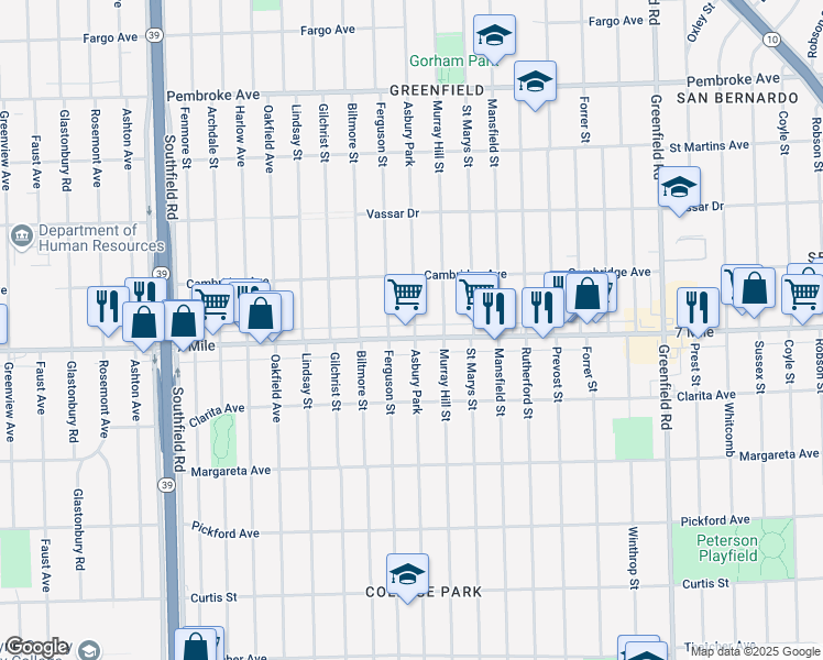 map of restaurants, bars, coffee shops, grocery stores, and more near 16402 West Seven Mile Road in Detroit