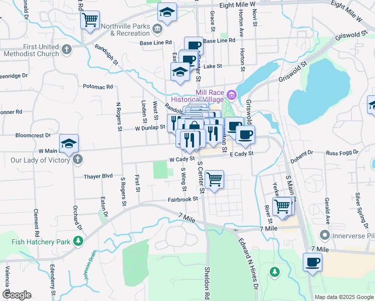 map of restaurants, bars, coffee shops, grocery stores, and more near in Northville