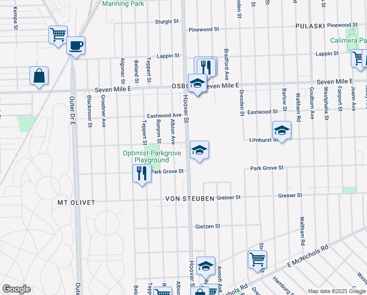 map of restaurants, bars, coffee shops, grocery stores, and more near 18501 Hoover Street in Detroit