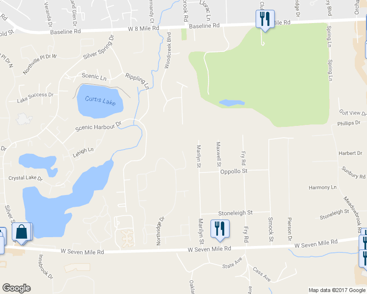 map of restaurants, bars, coffee shops, grocery stores, and more near 19437 Cardene Court in Northville