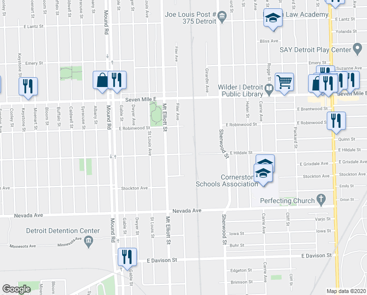 map of restaurants, bars, coffee shops, grocery stores, and more near 18626 Filer Avenue in Detroit