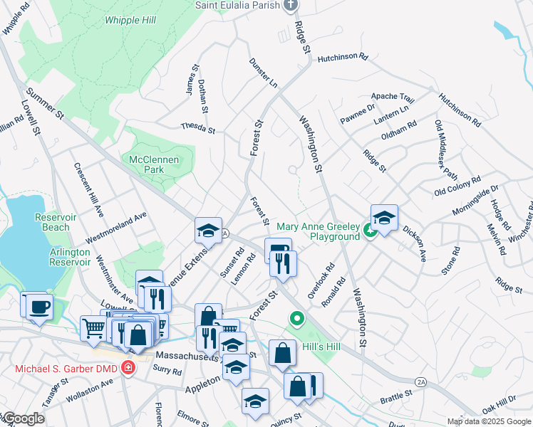 map of restaurants, bars, coffee shops, grocery stores, and more near 195 Forest Street in Arlington