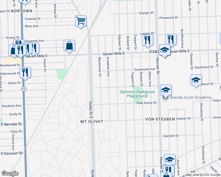 map of restaurants, bars, coffee shops, grocery stores, and more near 18514 Gruebner Avenue in Detroit
