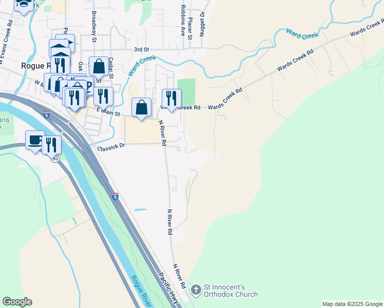 map of restaurants, bars, coffee shops, grocery stores, and more near 182 Wards Creek Road in Gold Hill