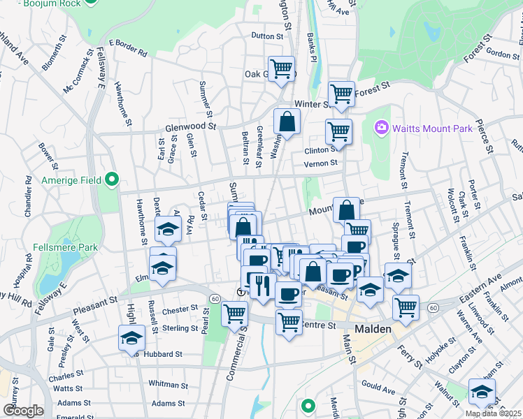 map of restaurants, bars, coffee shops, grocery stores, and more near 25 Lincoln Street in Malden