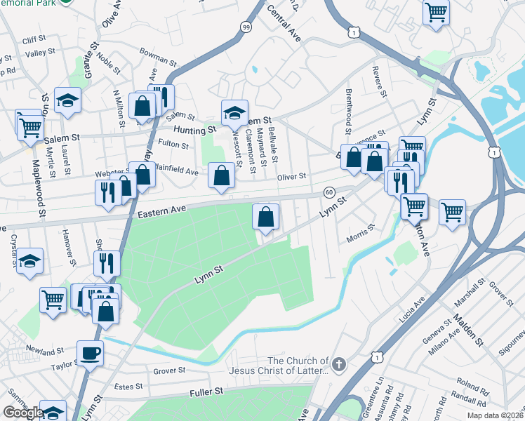 map of restaurants, bars, coffee shops, grocery stores, and more near 14 Prentiss Street in Malden