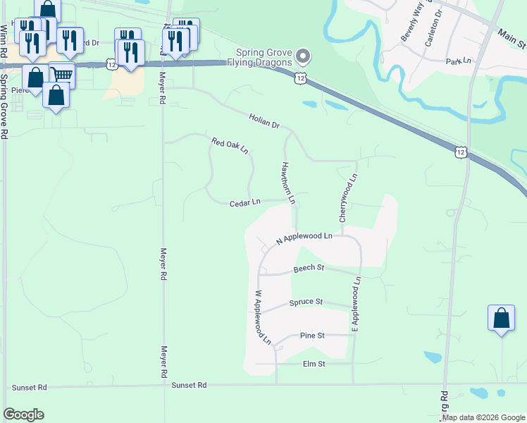 map of restaurants, bars, coffee shops, grocery stores, and more near 1711 Cedar Lane in Spring Grove