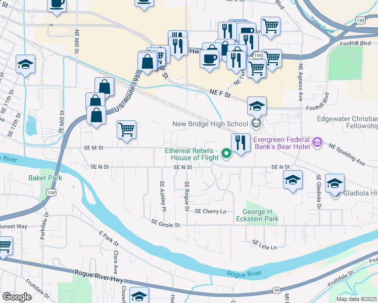 map of restaurants, bars, coffee shops, grocery stores, and more near 1317 SE M St in Grants Pass