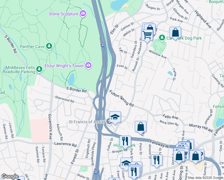 map of restaurants, bars, coffee shops, grocery stores, and more near 12 Fulton Spring Road in Medford