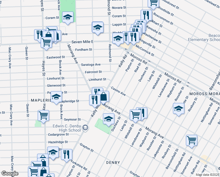 map of restaurants, bars, coffee shops, grocery stores, and more near 18472 Kelly Road in Detroit