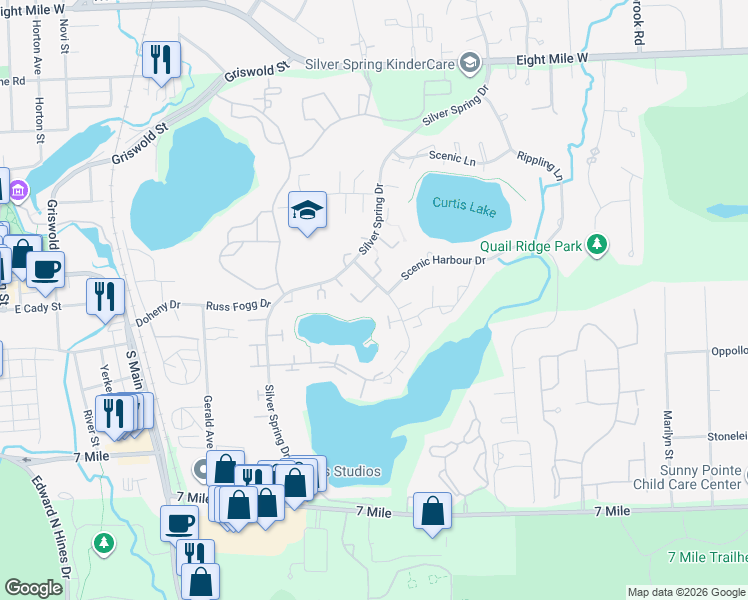 map of restaurants, bars, coffee shops, grocery stores, and more near 19651 Neptune Court in Northville