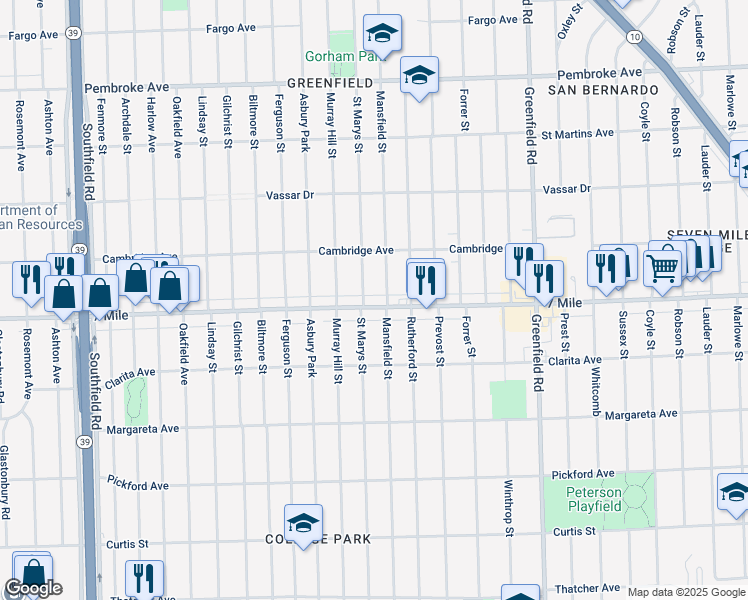 map of restaurants, bars, coffee shops, grocery stores, and more near 18994 Saint Marys Street in Detroit