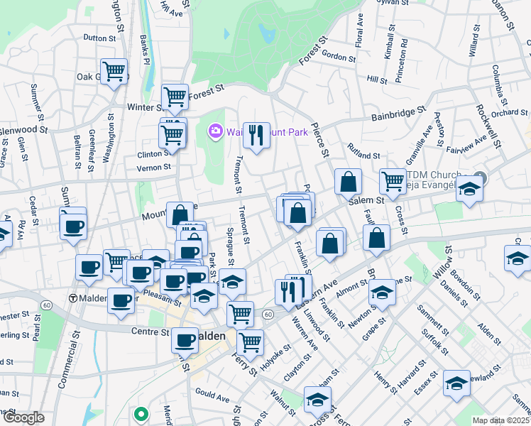 map of restaurants, bars, coffee shops, grocery stores, and more near 27-29 Page Street in Malden