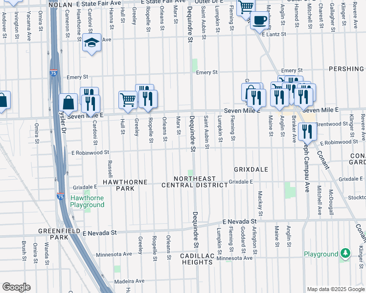 map of restaurants, bars, coffee shops, grocery stores, and more near 18800 Marx Street in Highland Park
