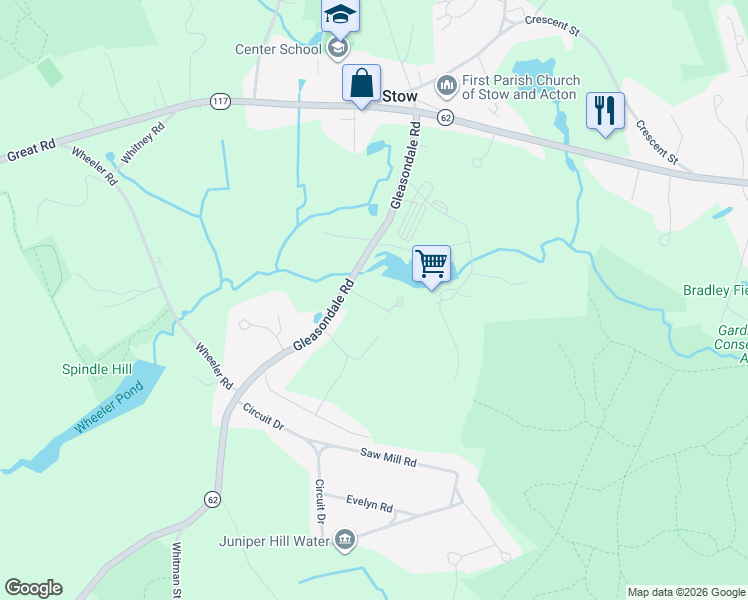 map of restaurants, bars, coffee shops, grocery stores, and more near 86 Massachusetts 62 in Stow
