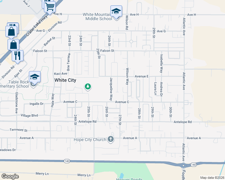 map of restaurants, bars, coffee shops, grocery stores, and more near 7829 Jacqueline Way in White City