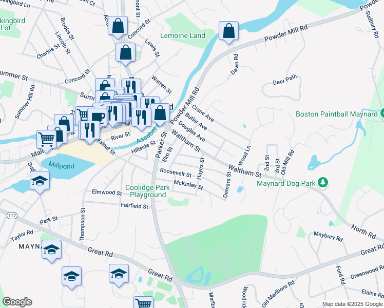 map of restaurants, bars, coffee shops, grocery stores, and more near 10 Grant Street in Maynard