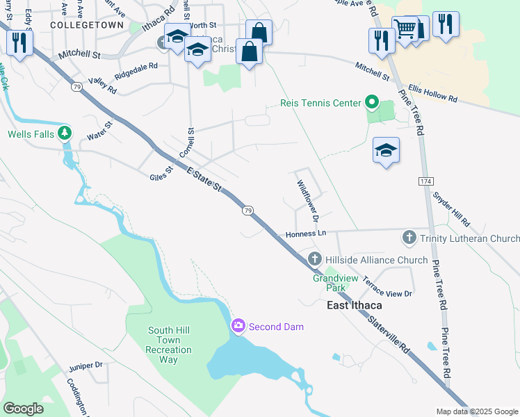 map of restaurants, bars, coffee shops, grocery stores, and more near 1346 Slaterville Rd in Ithaca