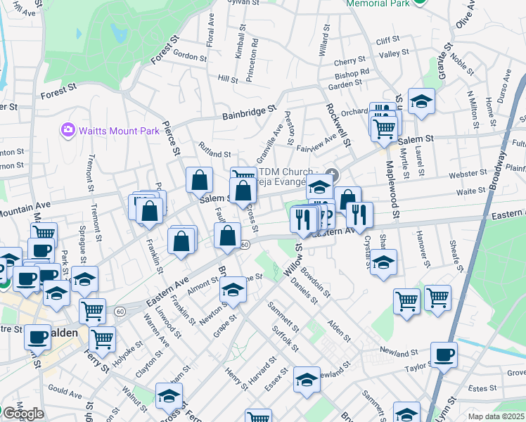 map of restaurants, bars, coffee shops, grocery stores, and more near 18-18R Playstead Road in Malden