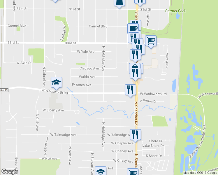 map of restaurants, bars, coffee shops, grocery stores, and more near 10205 West Ames Avenue in Beach Park