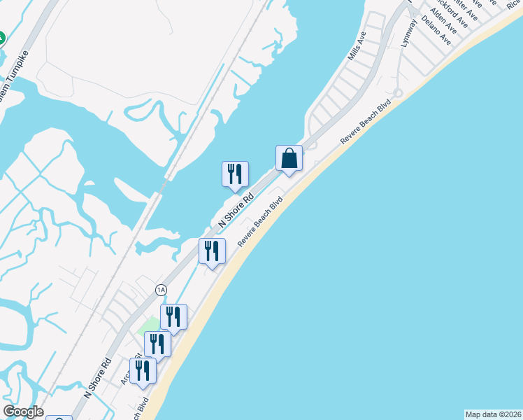 map of restaurants, bars, coffee shops, grocery stores, and more near 556 Revere Beach Boulevard in Revere