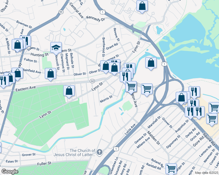 map of restaurants, bars, coffee shops, grocery stores, and more near 27 Hancock Road in Malden