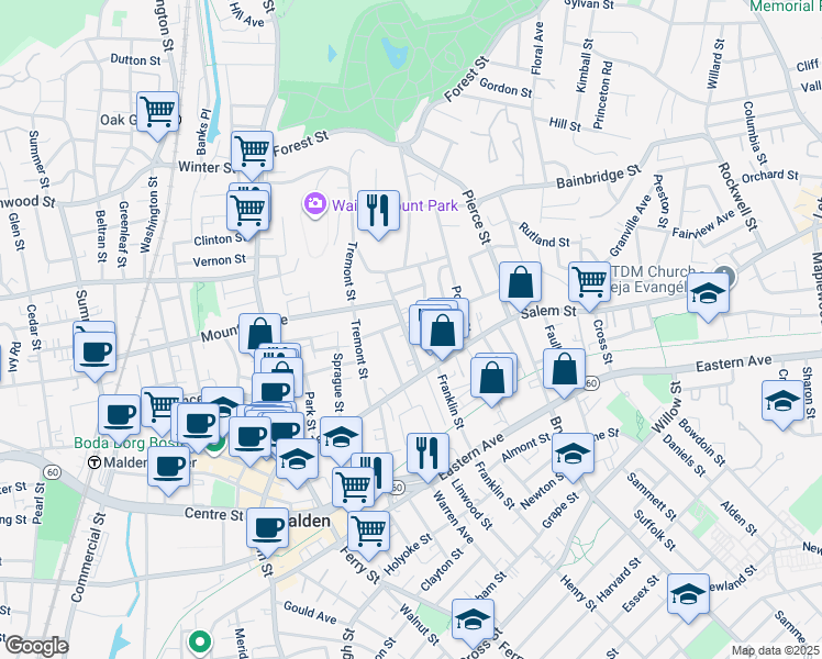 map of restaurants, bars, coffee shops, grocery stores, and more near 27-29 Page Street in Malden