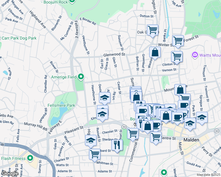 map of restaurants, bars, coffee shops, grocery stores, and more near 44 Rockland Avenue in Malden