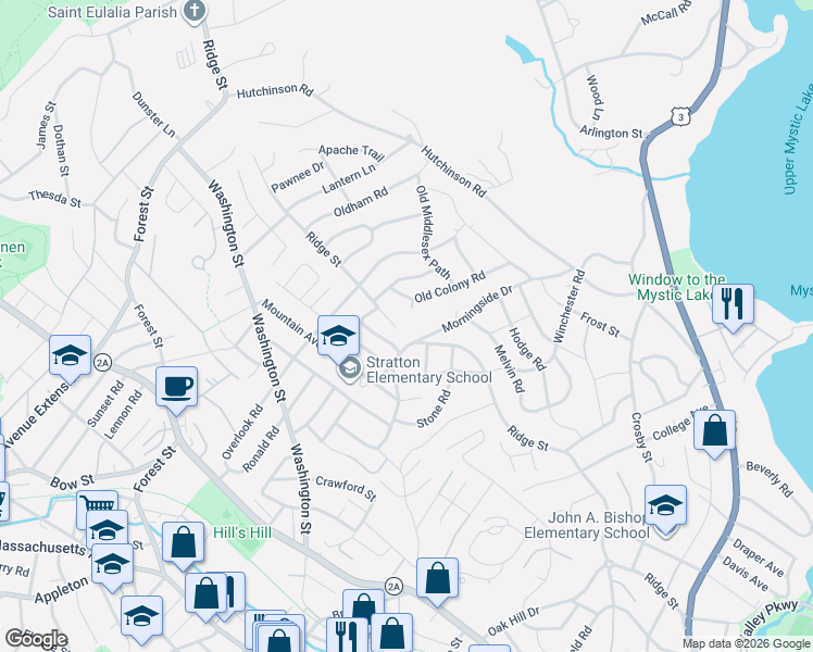 map of restaurants, bars, coffee shops, grocery stores, and more near 79 Morningside Drive in Arlington