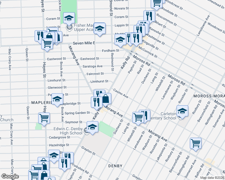 map of restaurants, bars, coffee shops, grocery stores, and more near 18472 Kelly Road in Detroit