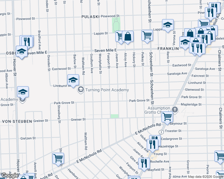 map of restaurants, bars, coffee shops, grocery stores, and more near 18472 Fairport Street in Detroit