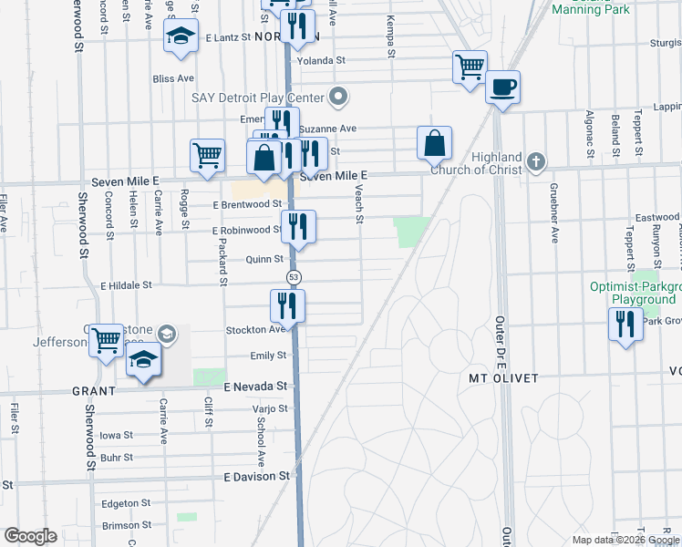 map of restaurants, bars, coffee shops, grocery stores, and more near 8097 East Hildale Street in Detroit