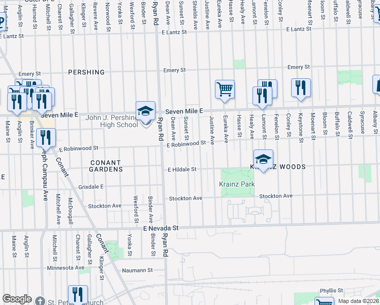 map of restaurants, bars, coffee shops, grocery stores, and more near 18657 Sunset Street in Detroit