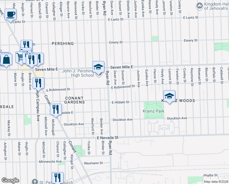 map of restaurants, bars, coffee shops, grocery stores, and more near 18642 Ryan Road in Detroit