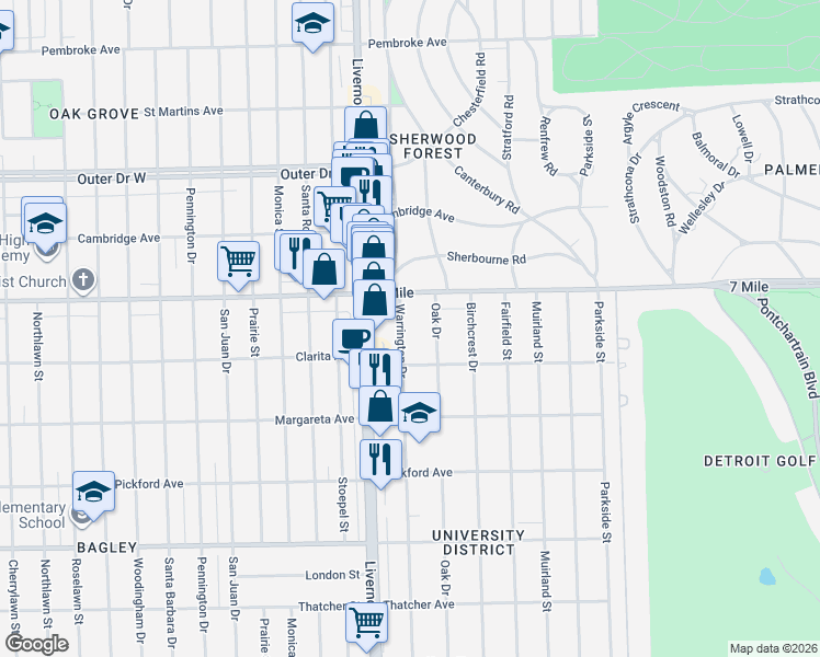map of restaurants, bars, coffee shops, grocery stores, and more near 18965 Oak Drive in Detroit