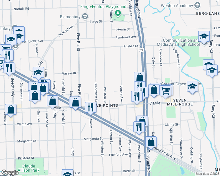 map of restaurants, bars, coffee shops, grocery stores, and more near 19230 Winston Street in Detroit
