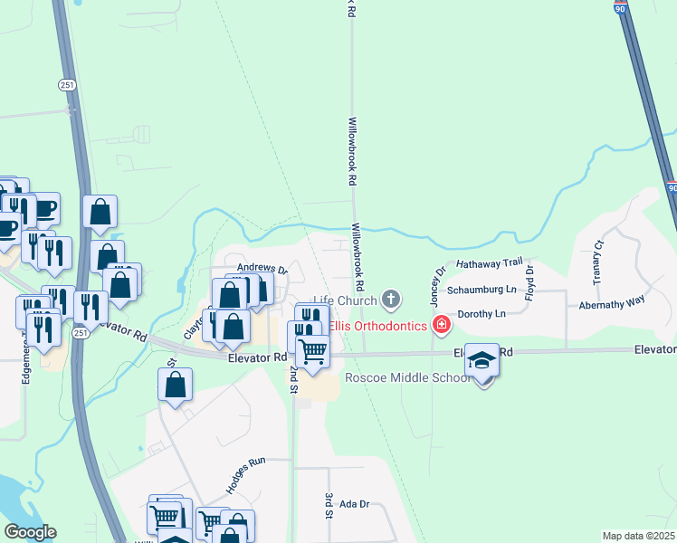 map of restaurants, bars, coffee shops, grocery stores, and more near 5794 Crocker Court in Roscoe