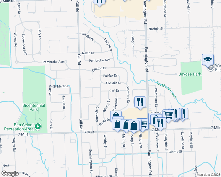map of restaurants, bars, coffee shops, grocery stores, and more near 34012 Carl Drive in Livonia