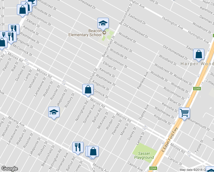 map of restaurants, bars, coffee shops, grocery stores, and more near 19733 Kingsville Street in Harper Woods