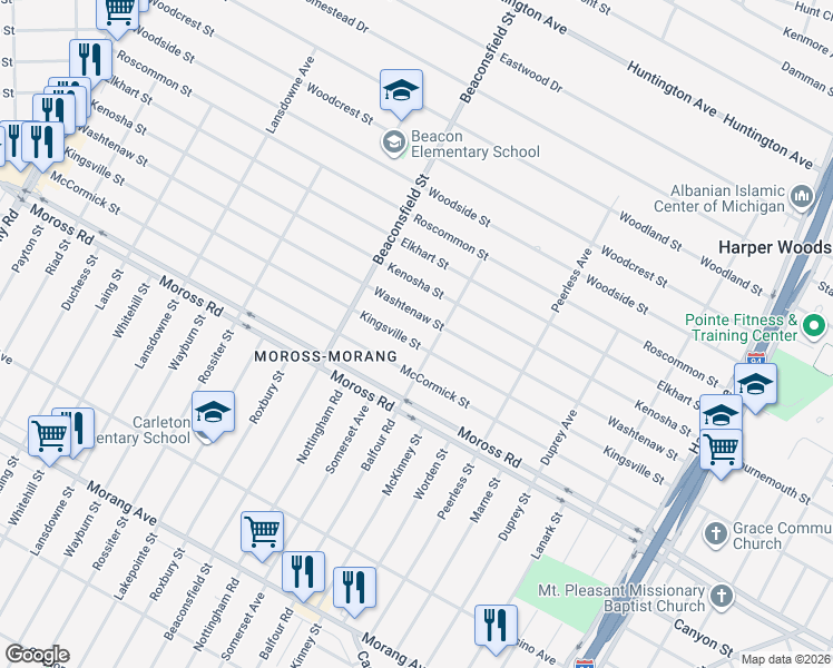 map of restaurants, bars, coffee shops, grocery stores, and more near 19733 Kingsville Street in Harper Woods