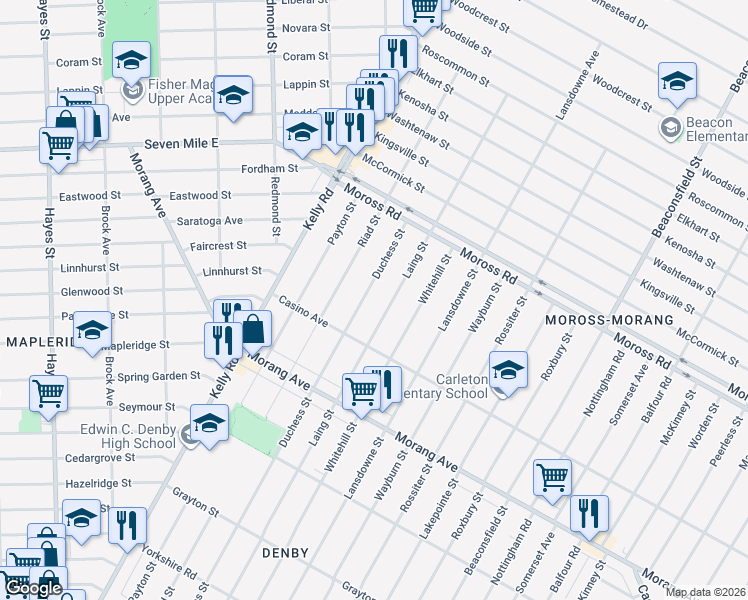 map of restaurants, bars, coffee shops, grocery stores, and more near 12590 Duchess Street in Detroit